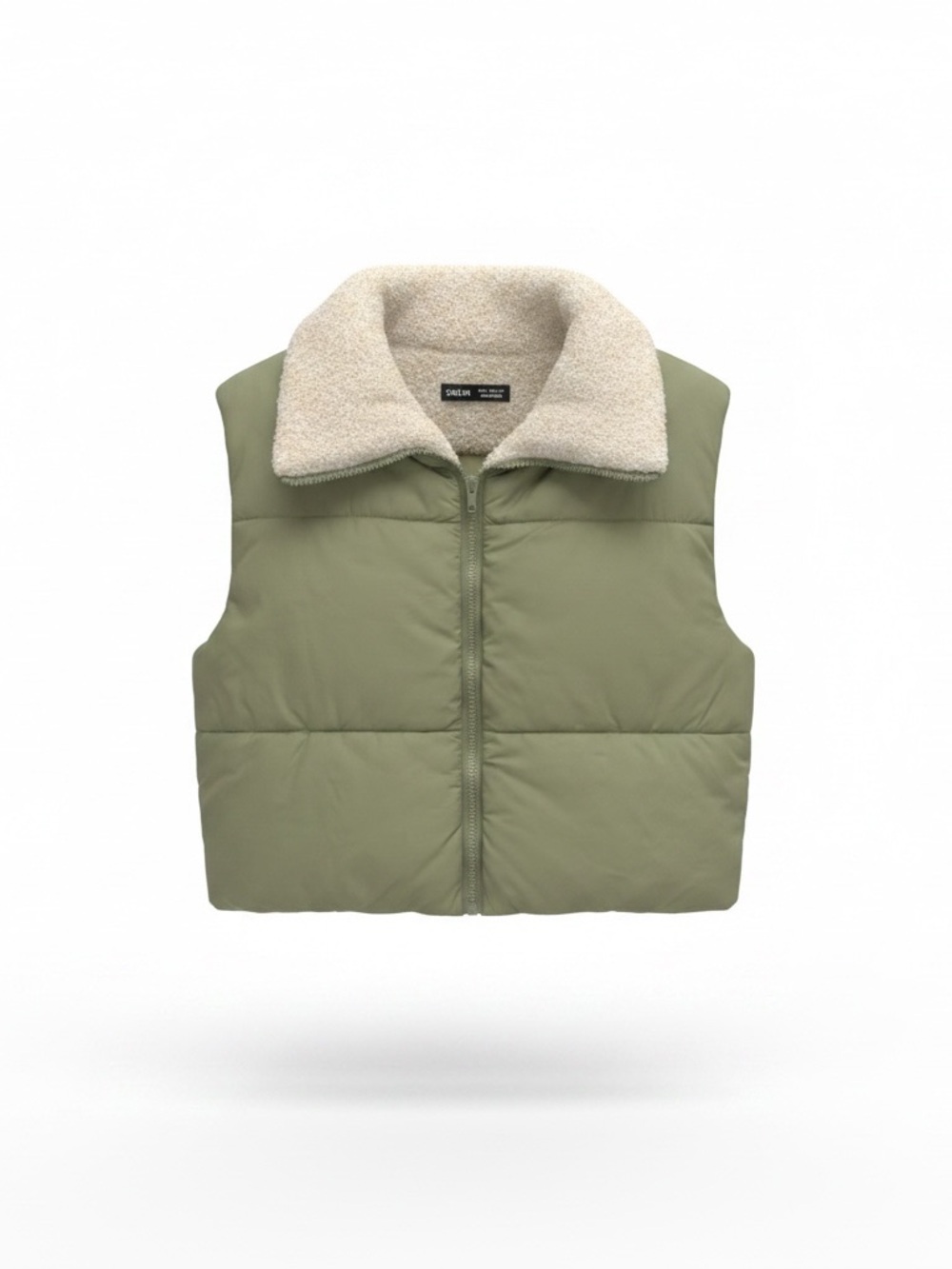 SHEIN Olive Green Puffer Vest with Cream Sherpa Collar